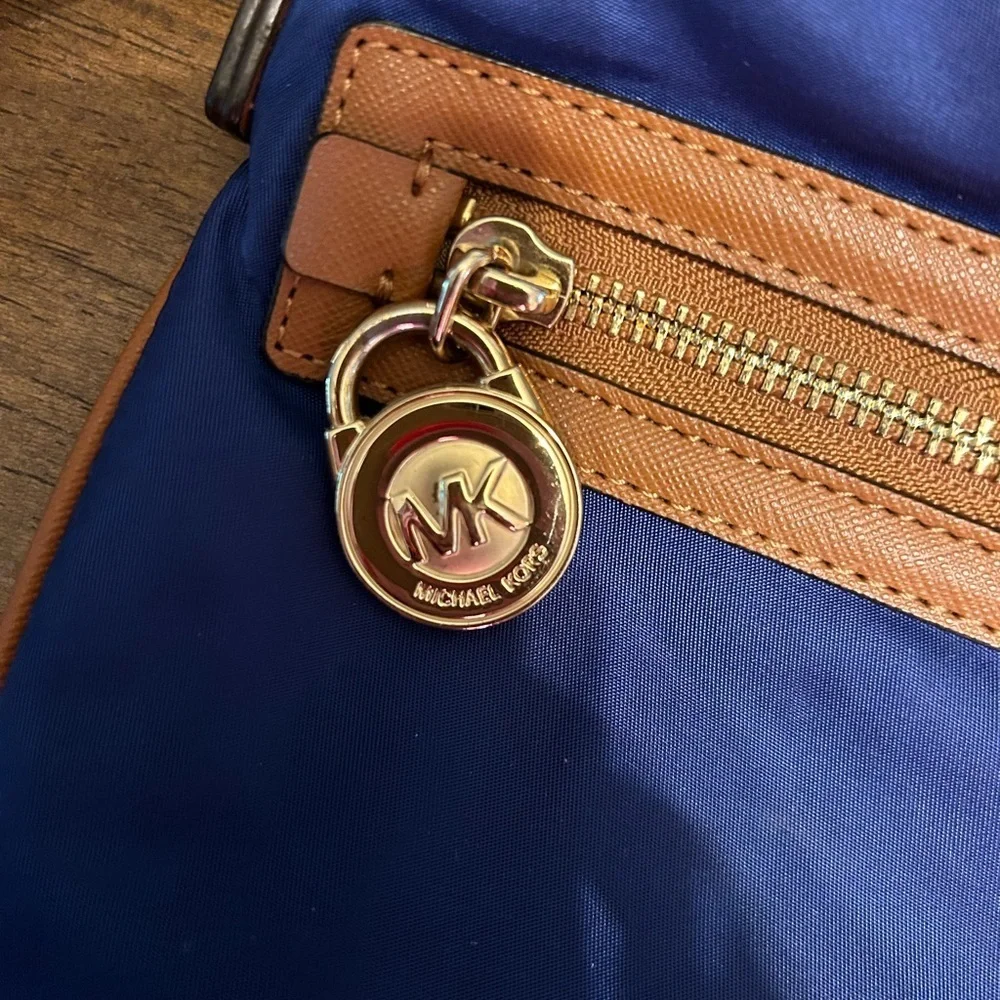 Michael Kors Kempton Blue and Tan Nylon Crossbody Purse